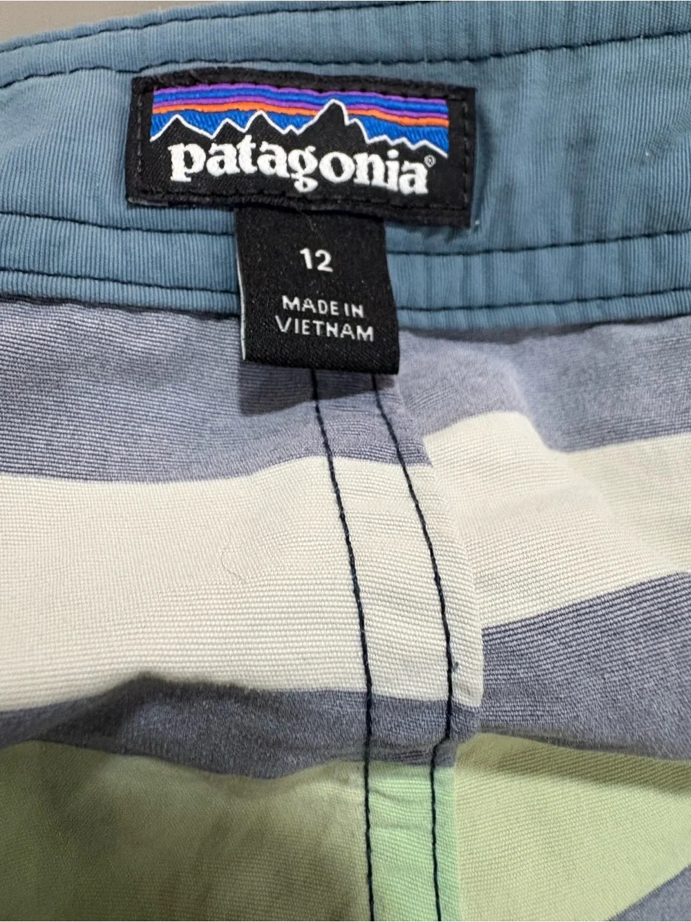 PATAGONIA BOYS WAVEFARER BOARDSHORTS WATER RIBBON BIG NETTLE GREEN 67817 SIZE 12